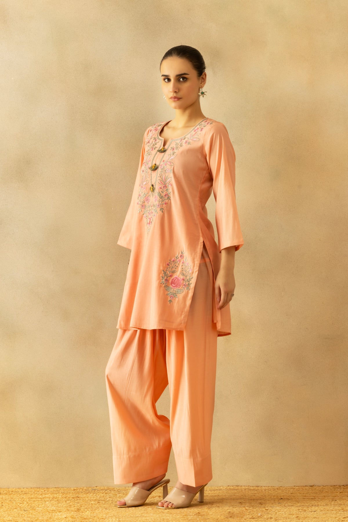 Peach Embroidered Kurta 2 Pcs Set
