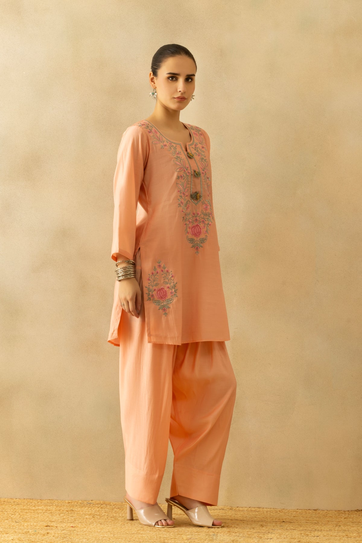 Peach Embroidered Kurta 2 Pcs Set