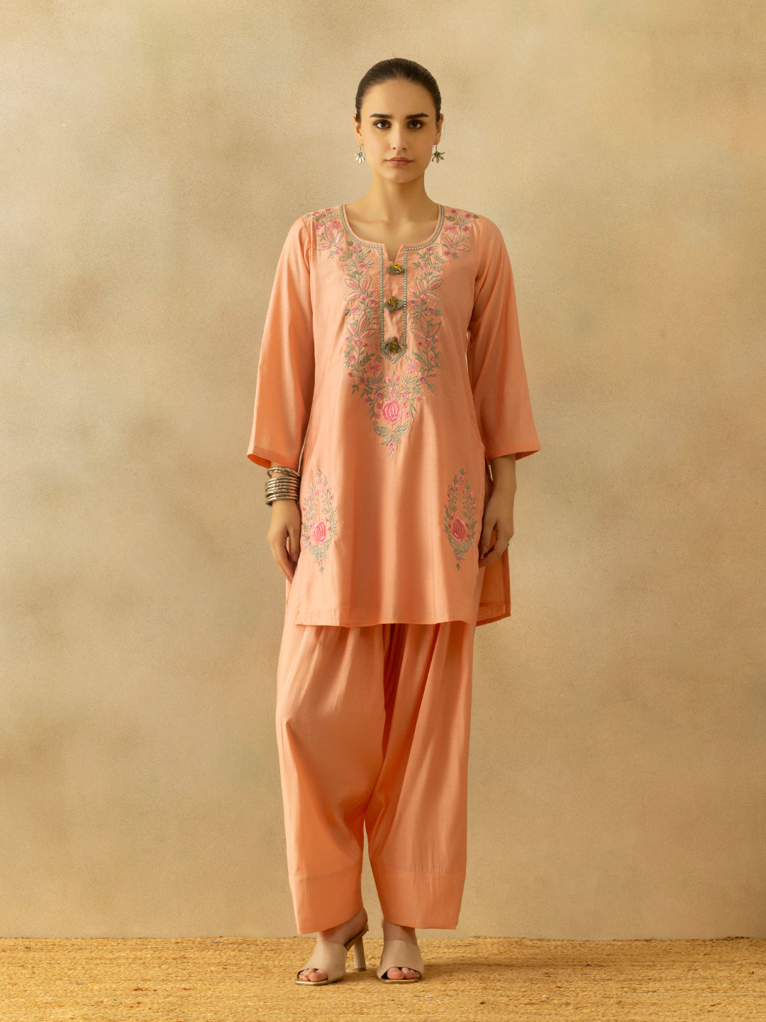 Peach Embroidered Kurta 2 Pcs Set