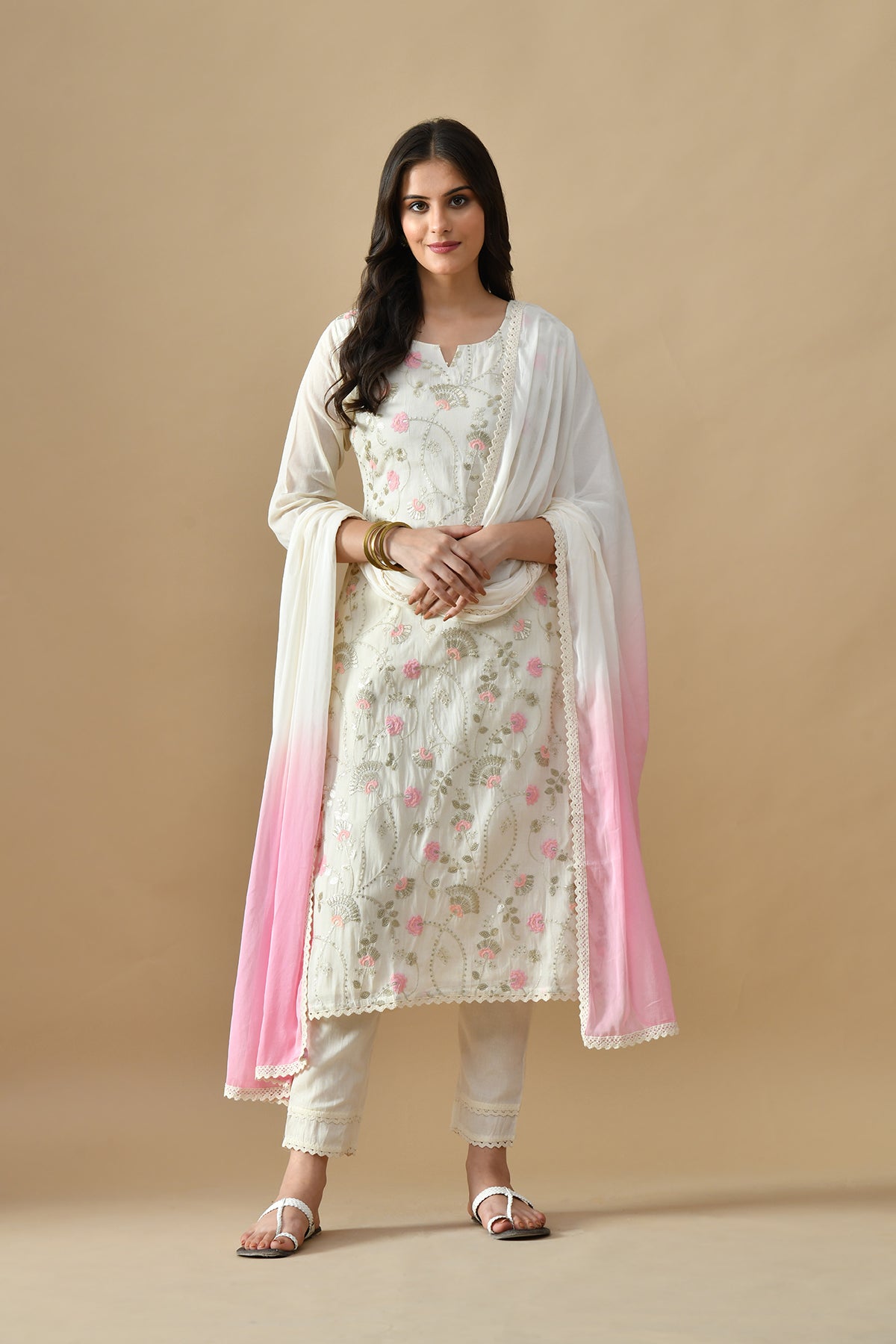 Cream Embroidered Kurta 3 Pcs Set