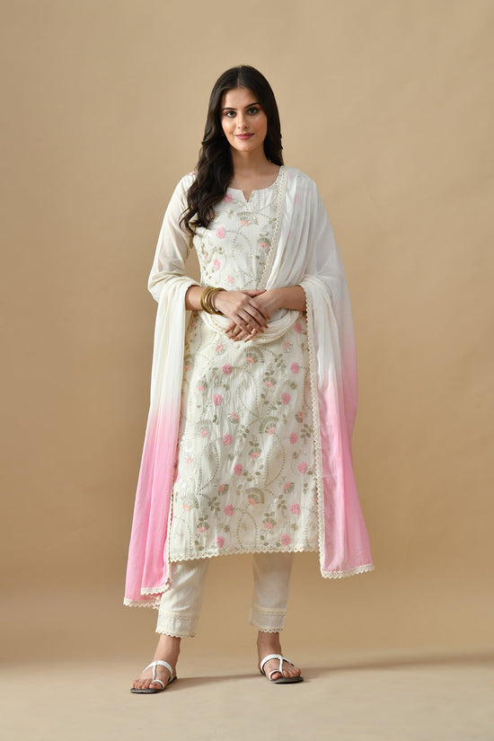 Cream Embroidered Kurta 3 Pcs Set