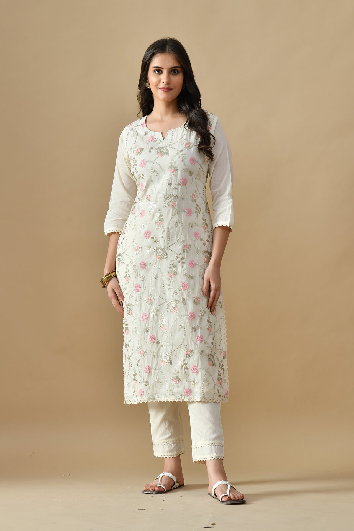 Cream Embroidered Kurta 3 Pcs Set