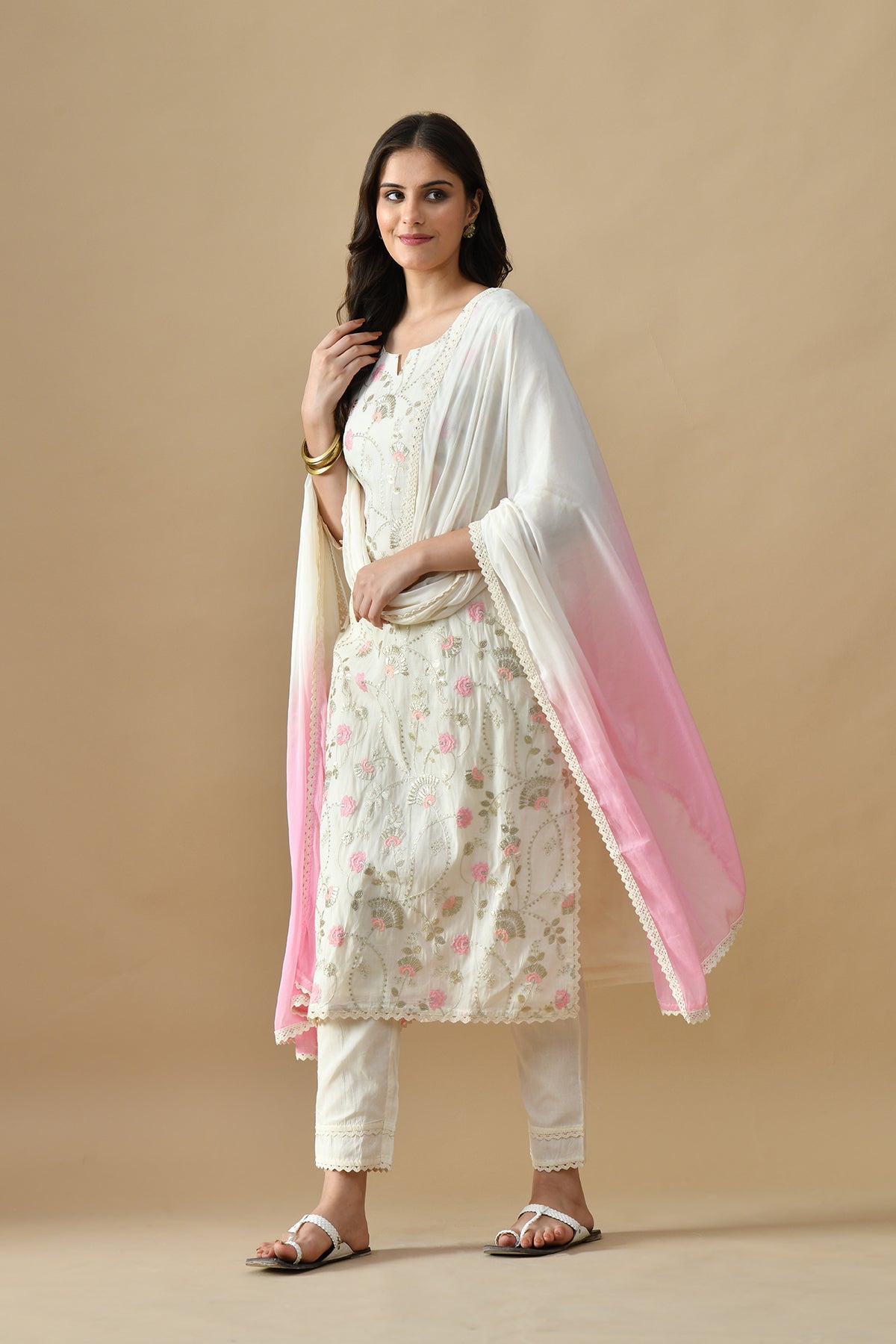 Cream Embroidered Kurta 3 Pcs Set