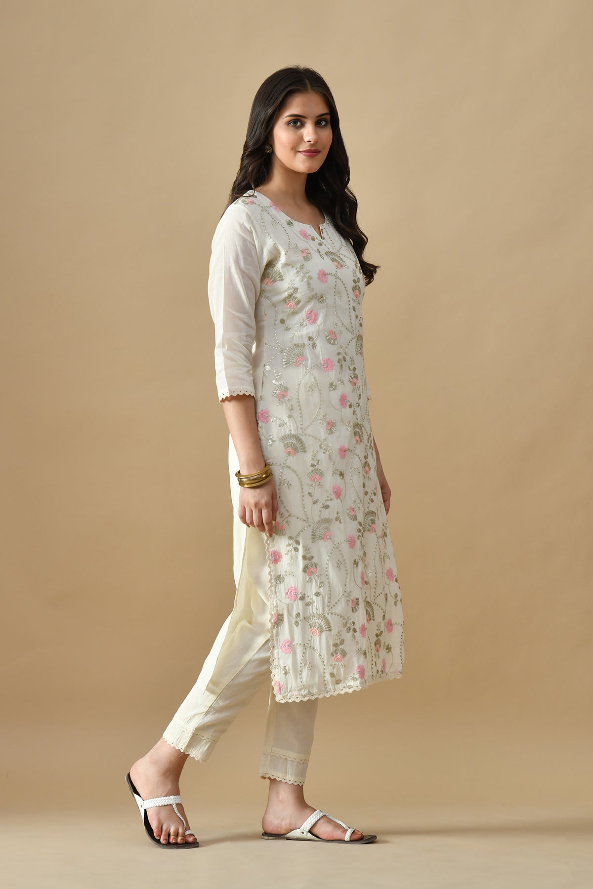 Cream Embroidered Kurta 3 Pcs Set