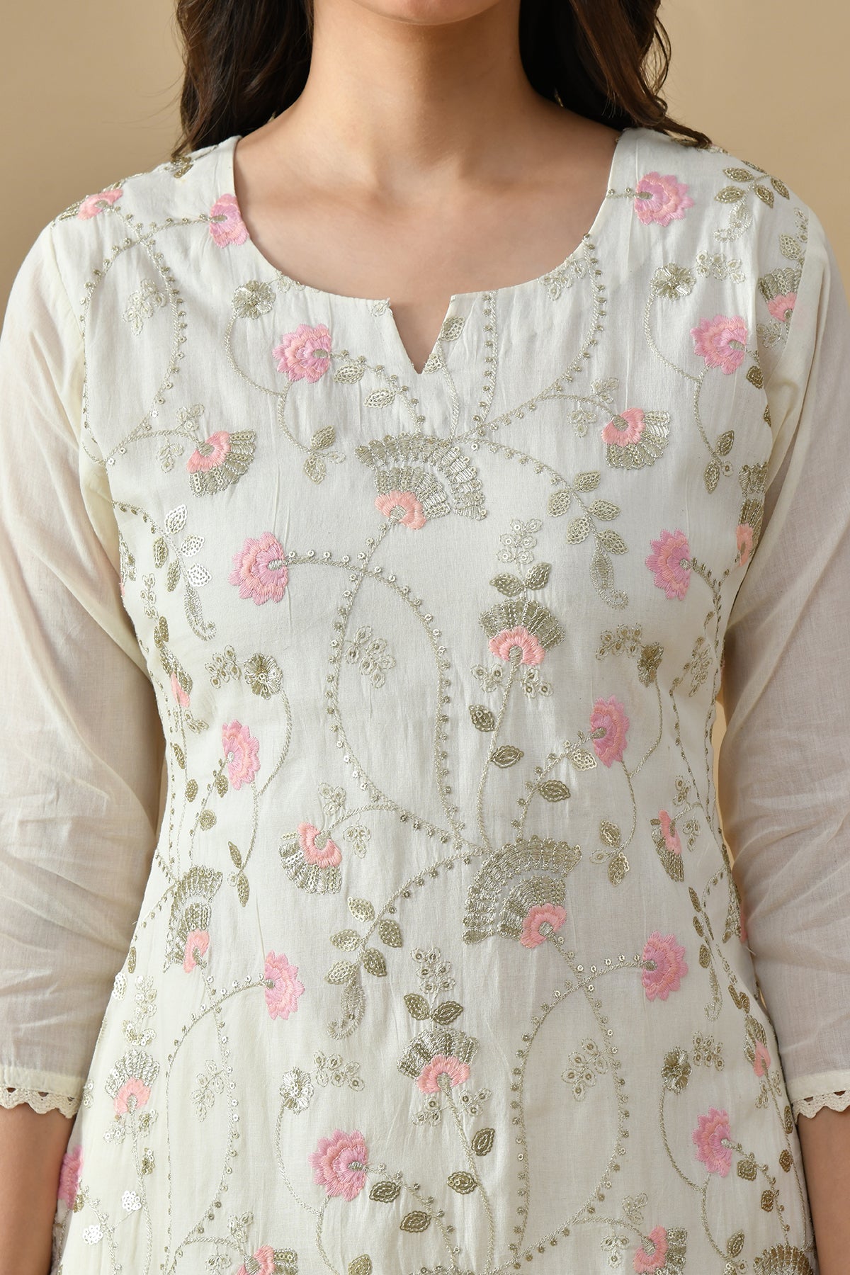 Cream Embroidered Kurta 3 Pcs Set