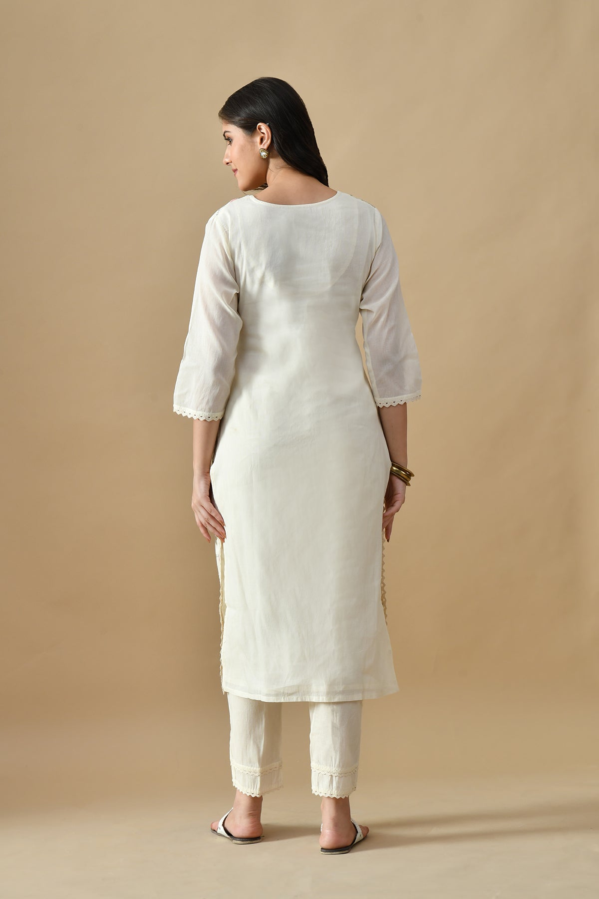 Cream Embroidered Kurta 3 Pcs Set