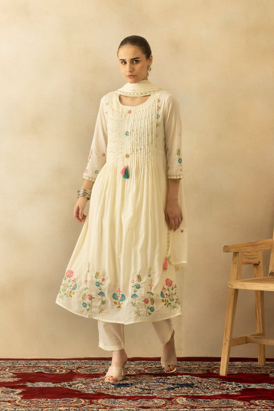 Cream Flared Embroidered Kurta 3 Pcs Set