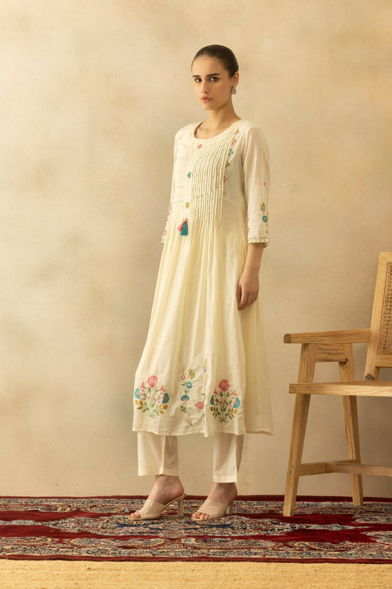 Cream Flared Embroidered Kurta 3 Pcs Set