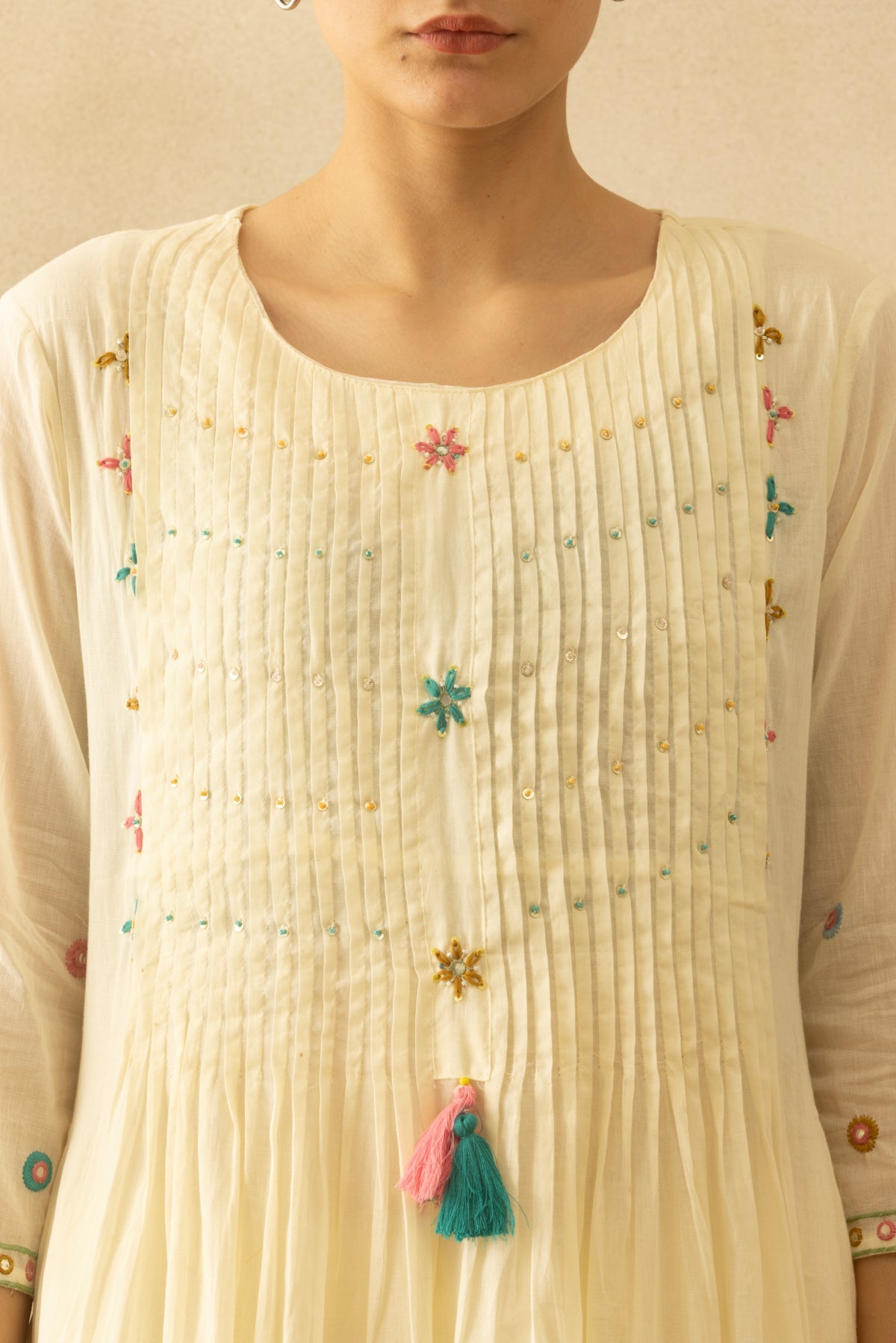 Cream Flared Embroidered Kurta 3 Pcs Set