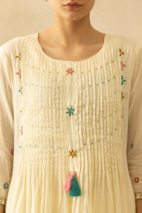Cream Flared Embroidered Kurta 3 Pcs Set