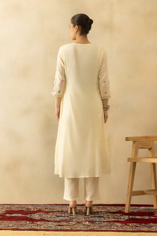 Cream Flared Embroidered Kurta 3 Pcs Set