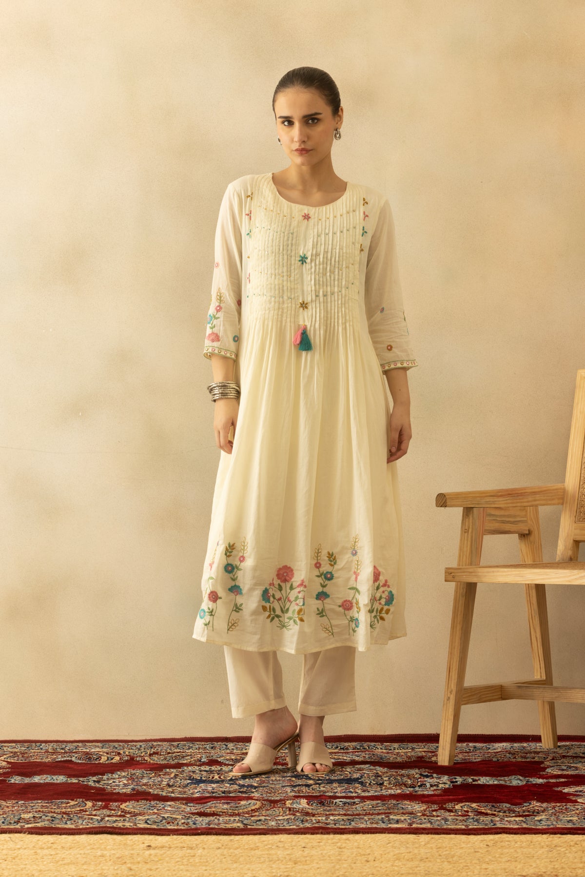 Cream Flared Embroidered Kurta 3 Pcs Set