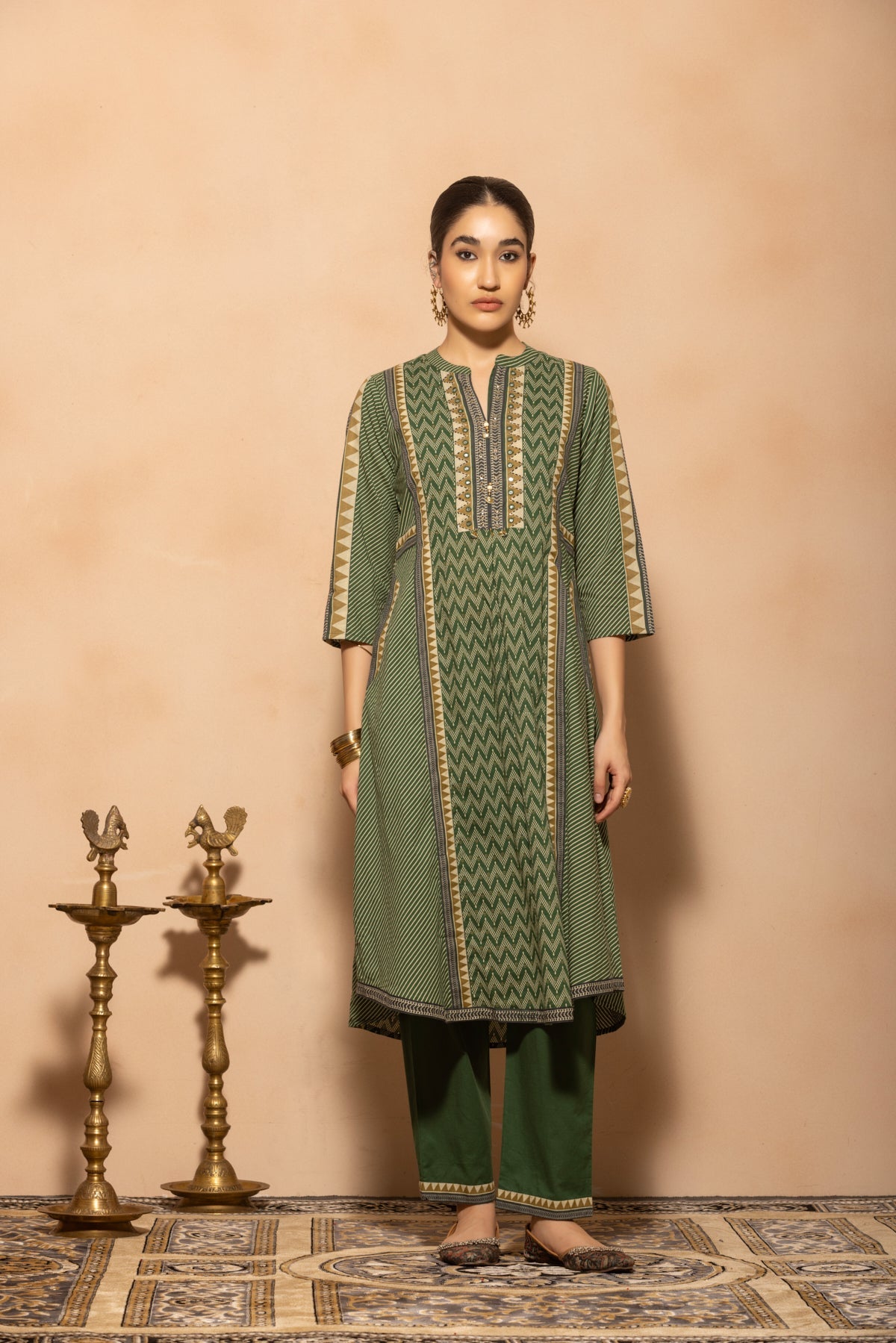 Green A-line Printed Kurta 2 Pcs Set