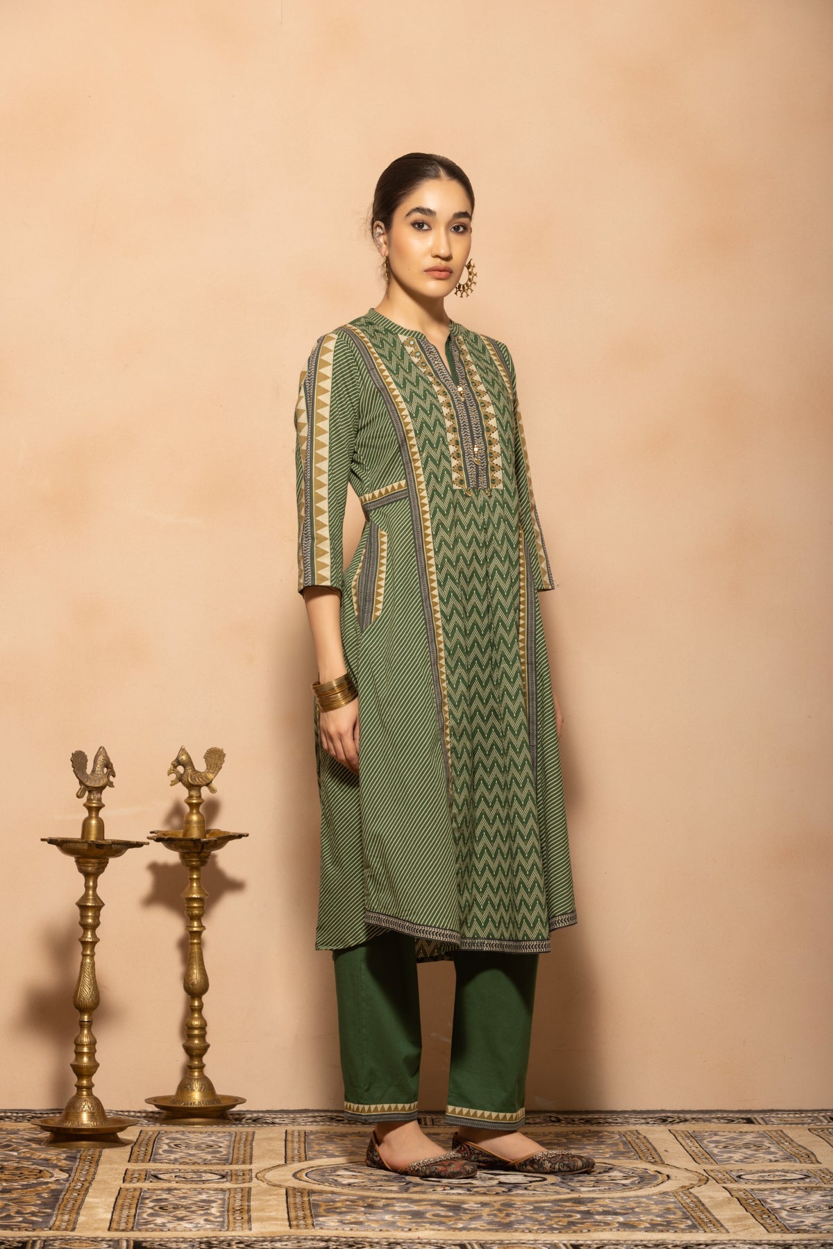Green A-line Printed Kurta 2 Pcs Set