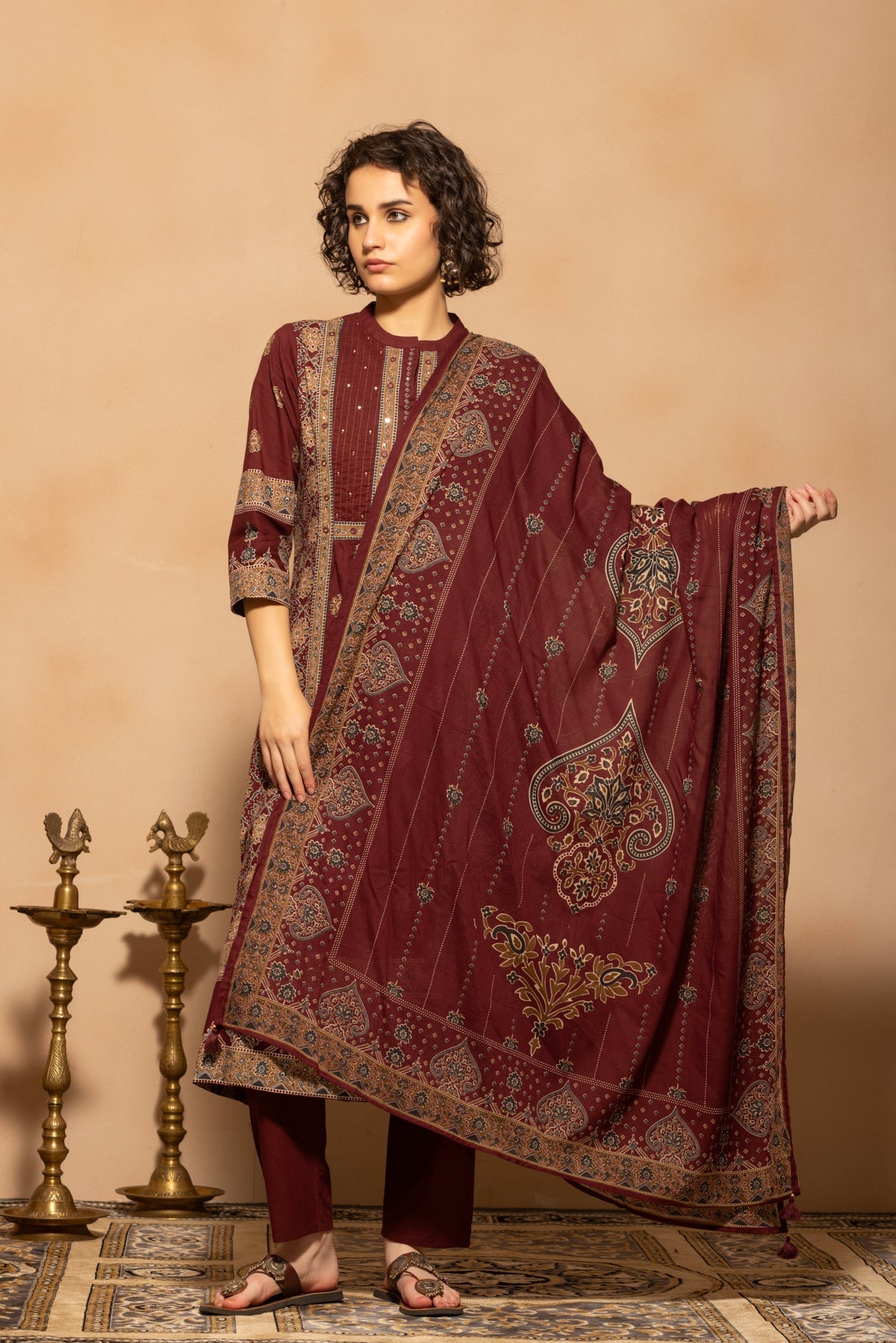 Maroon A-line Flared Printed Kurta 3 Pcs Set