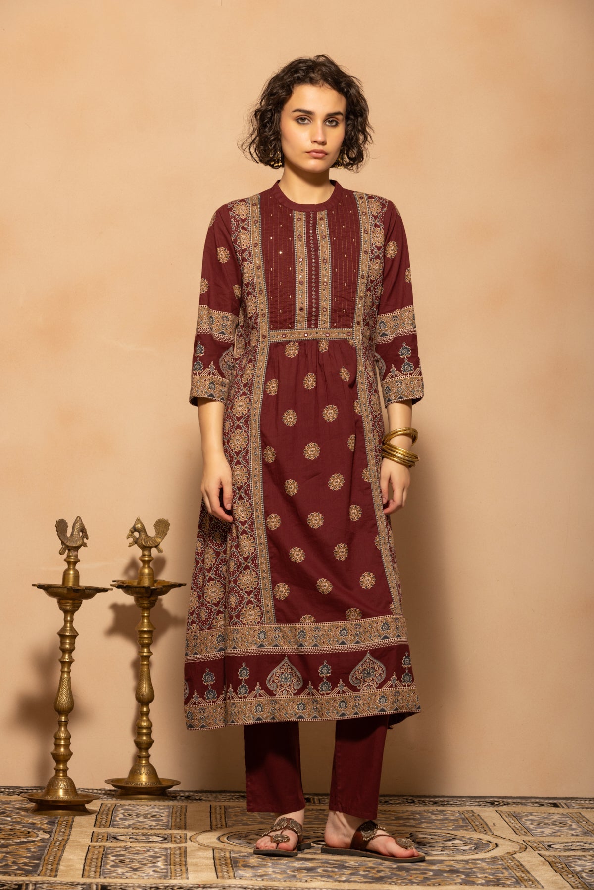 Maroon A-line Flared Printed Kurta 3 Pcs Set