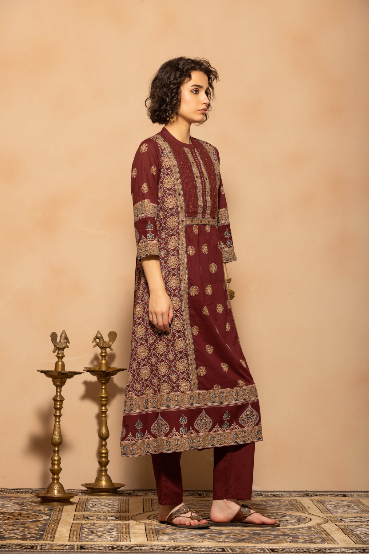 Maroon A-line Flared Printed Kurta 3 Pcs Set