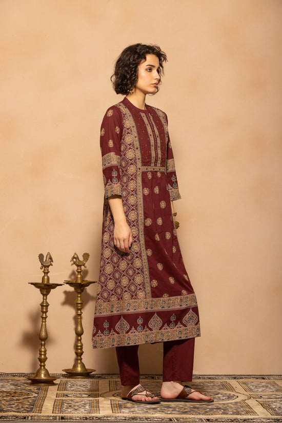 Maroon A-line Flared Printed Kurta 3 Pcs Set