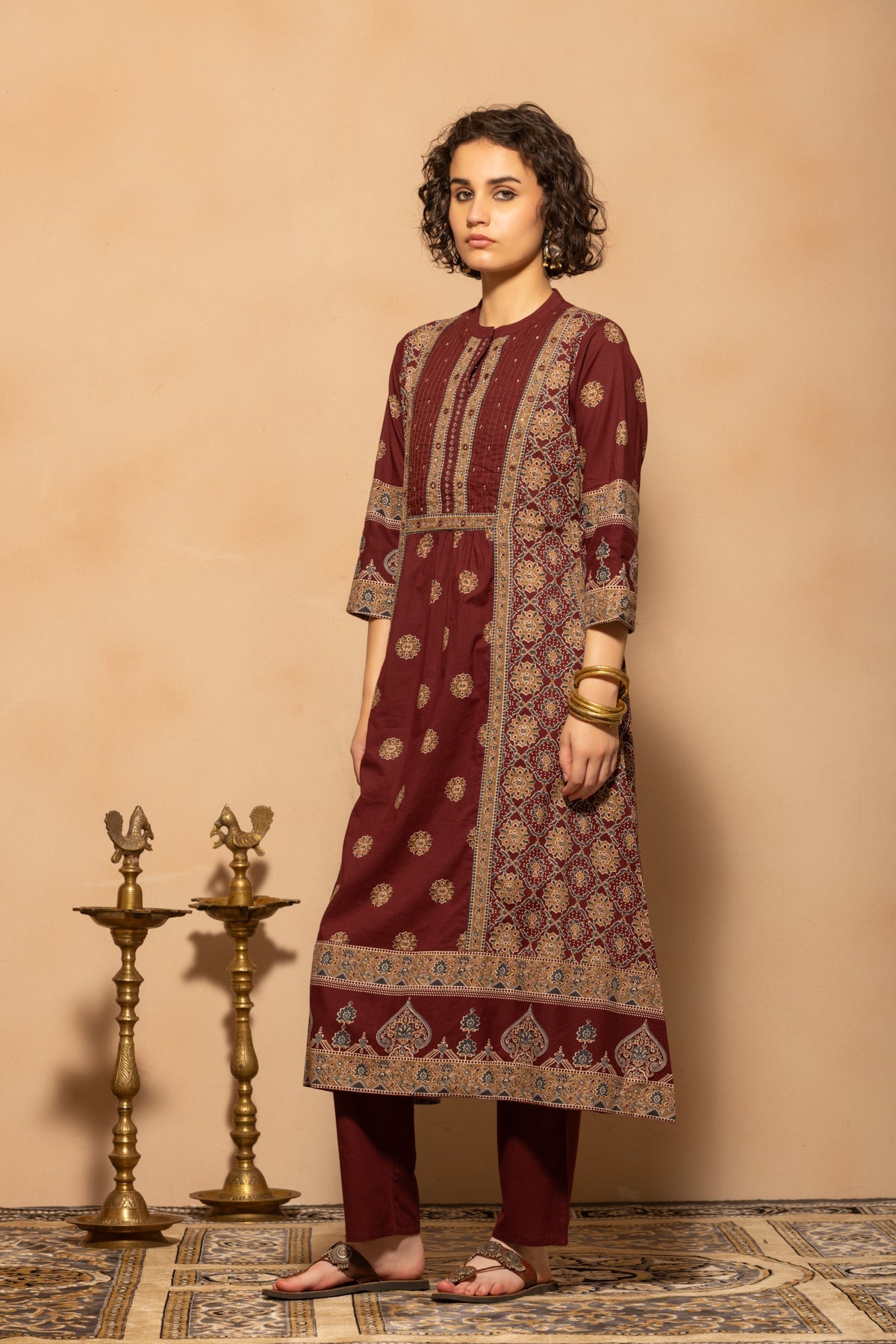 Maroon A-line Flared Printed Kurta 3 Pcs Set