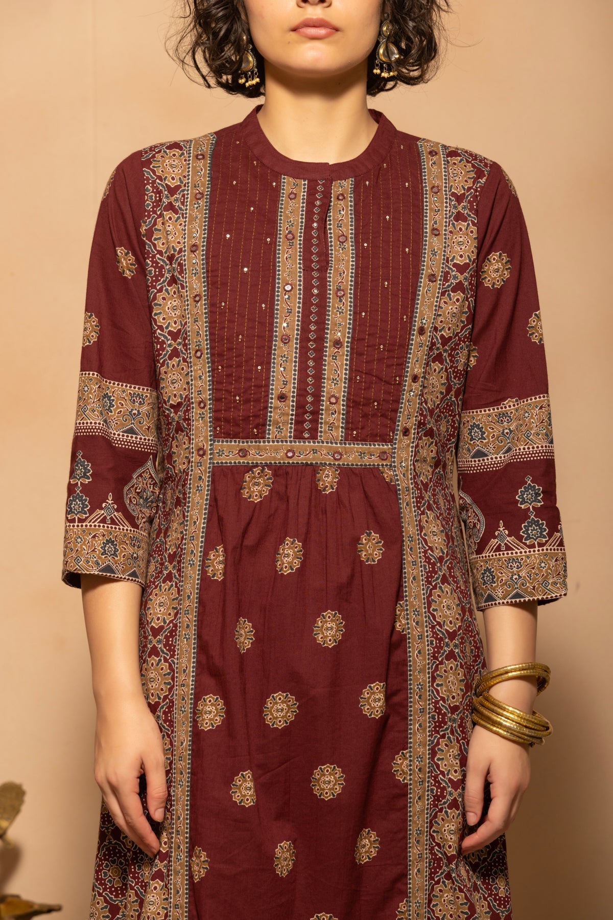 Maroon A-line Flared Printed Kurta 3 Pcs Set