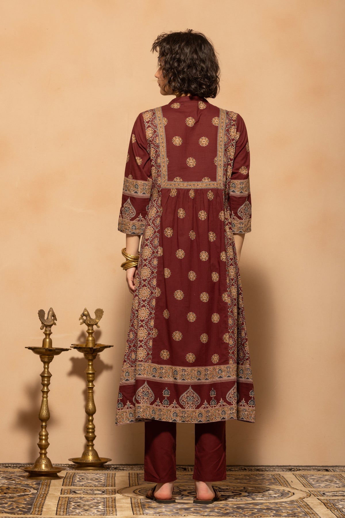 Maroon A-line Flared Printed Kurta 3 Pcs Set