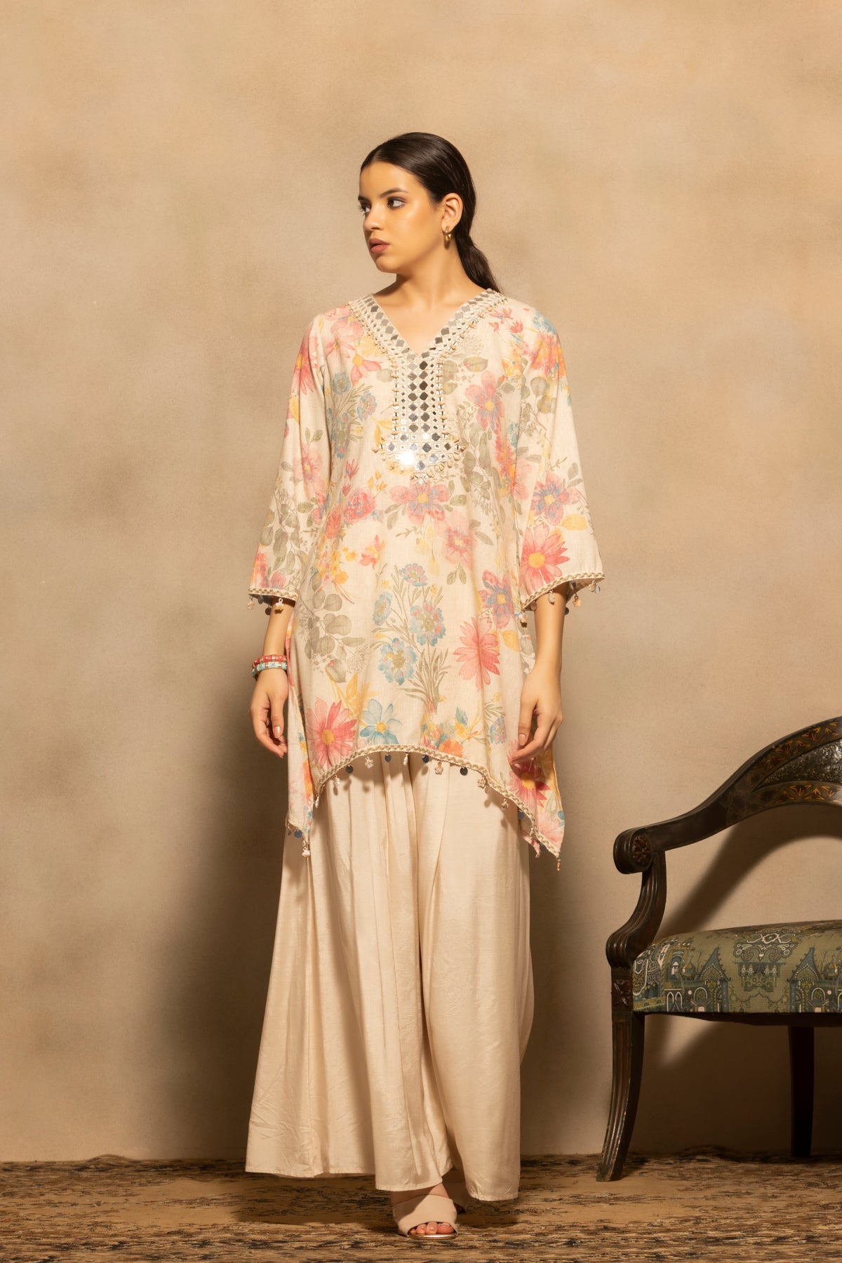 Cream Mirror Embellished Co-Ord Set