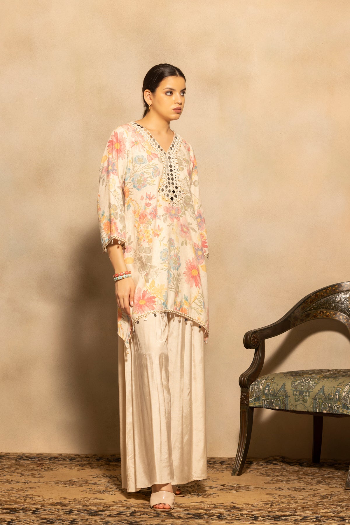 Cream Mirror Embellished Co-Ord Set