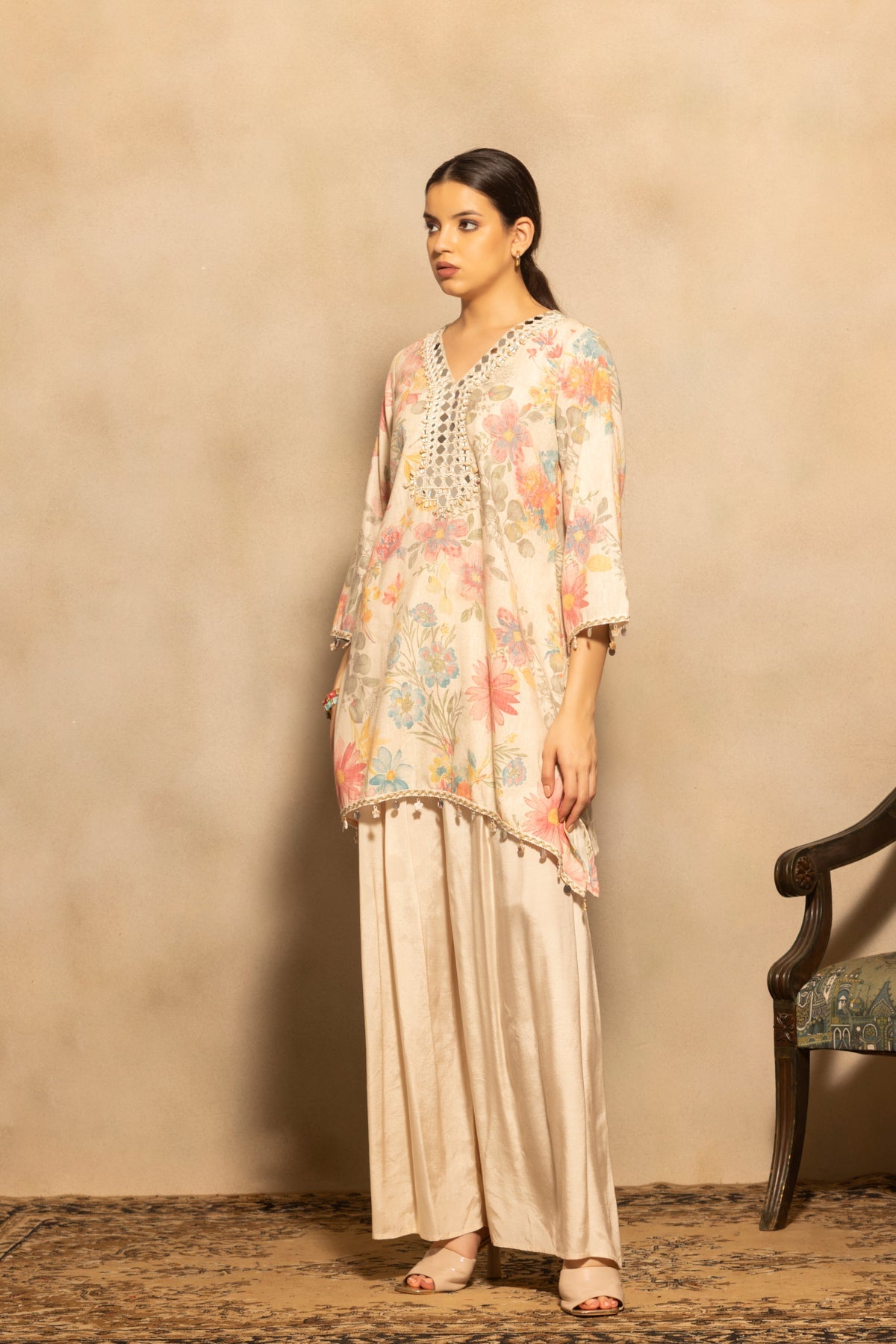 Cream Mirror Embellished Co-Ord Set