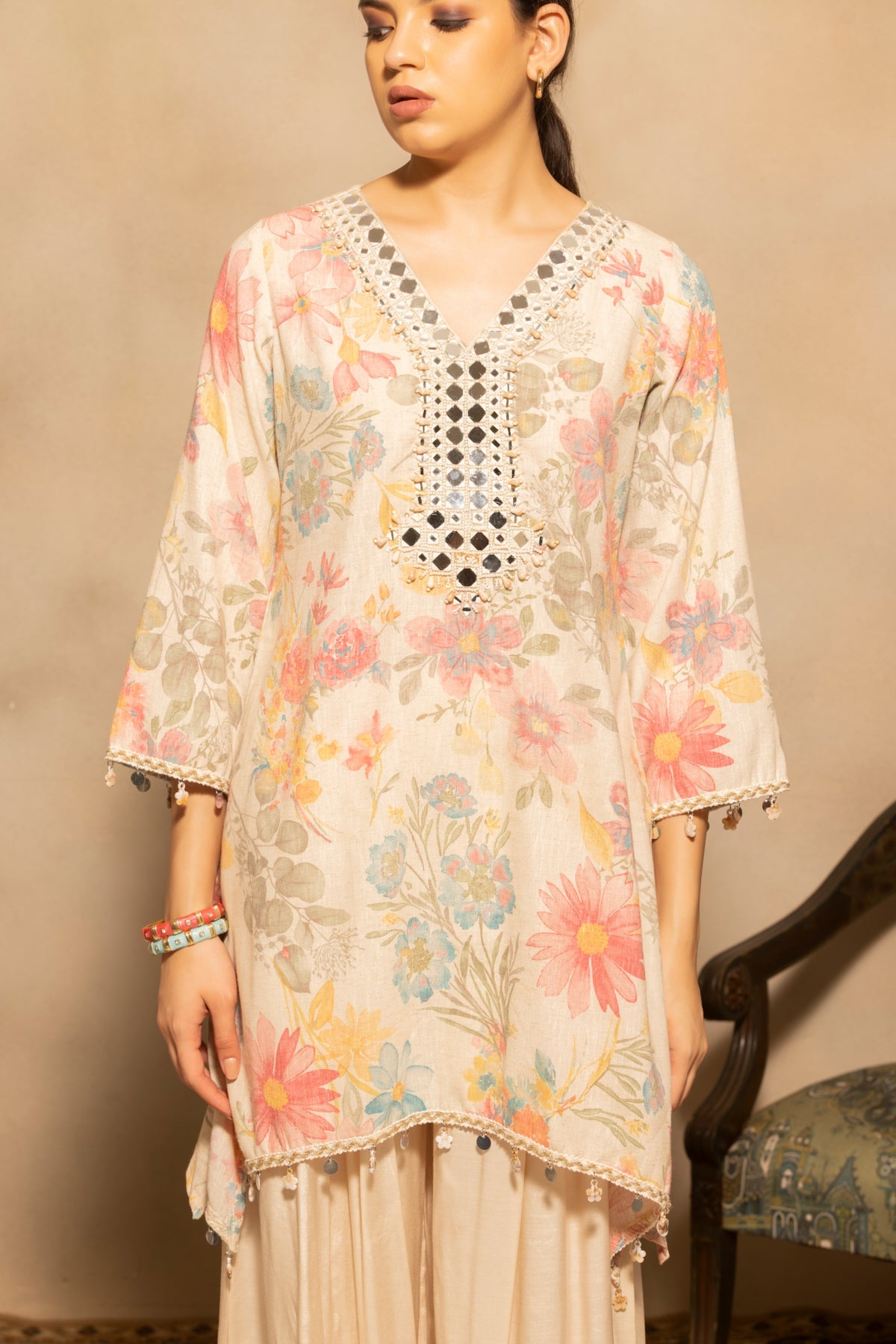 Cream Mirror Embellished Co-Ord Set