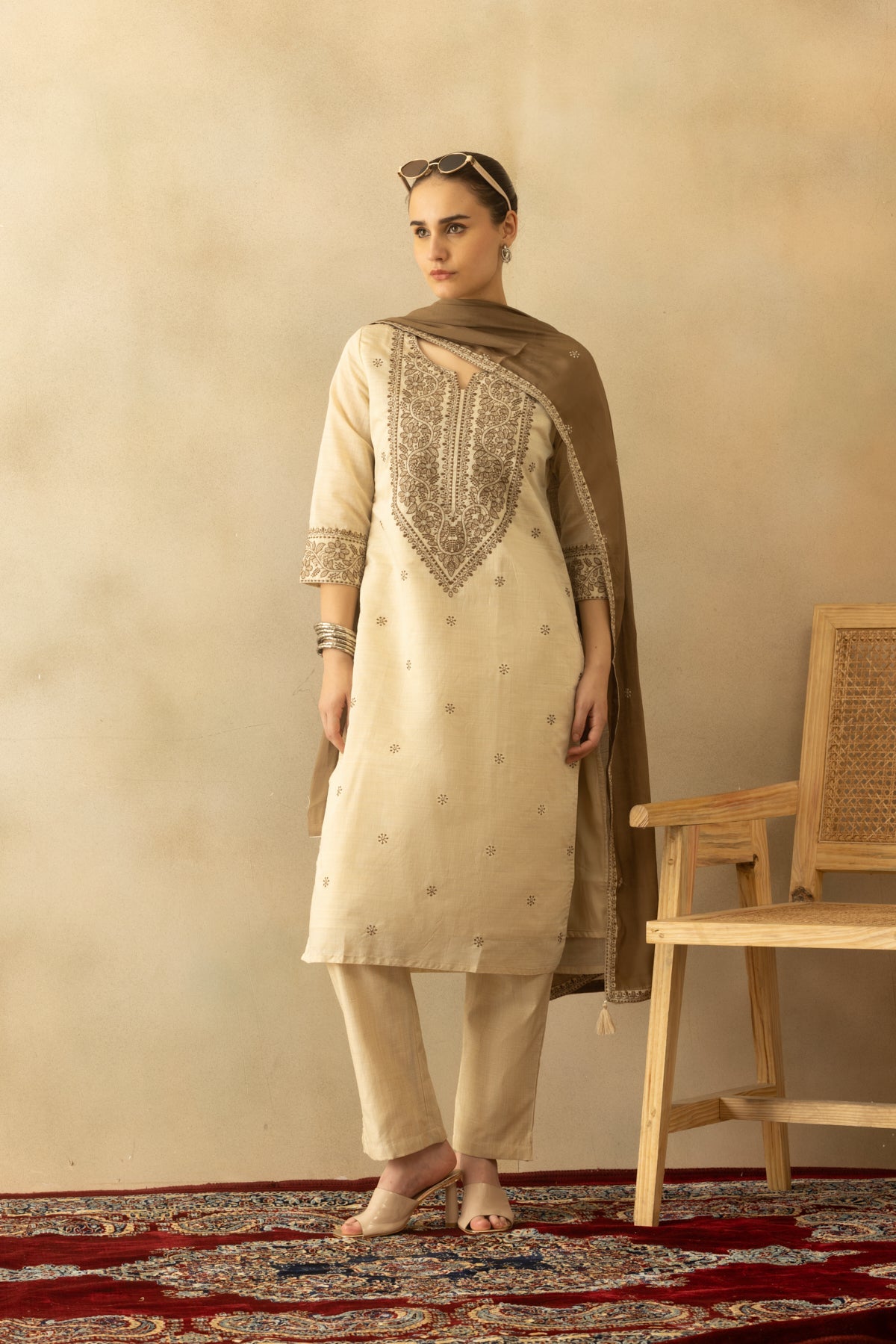 Beige Embroidered Kurta 3 Pcs Set