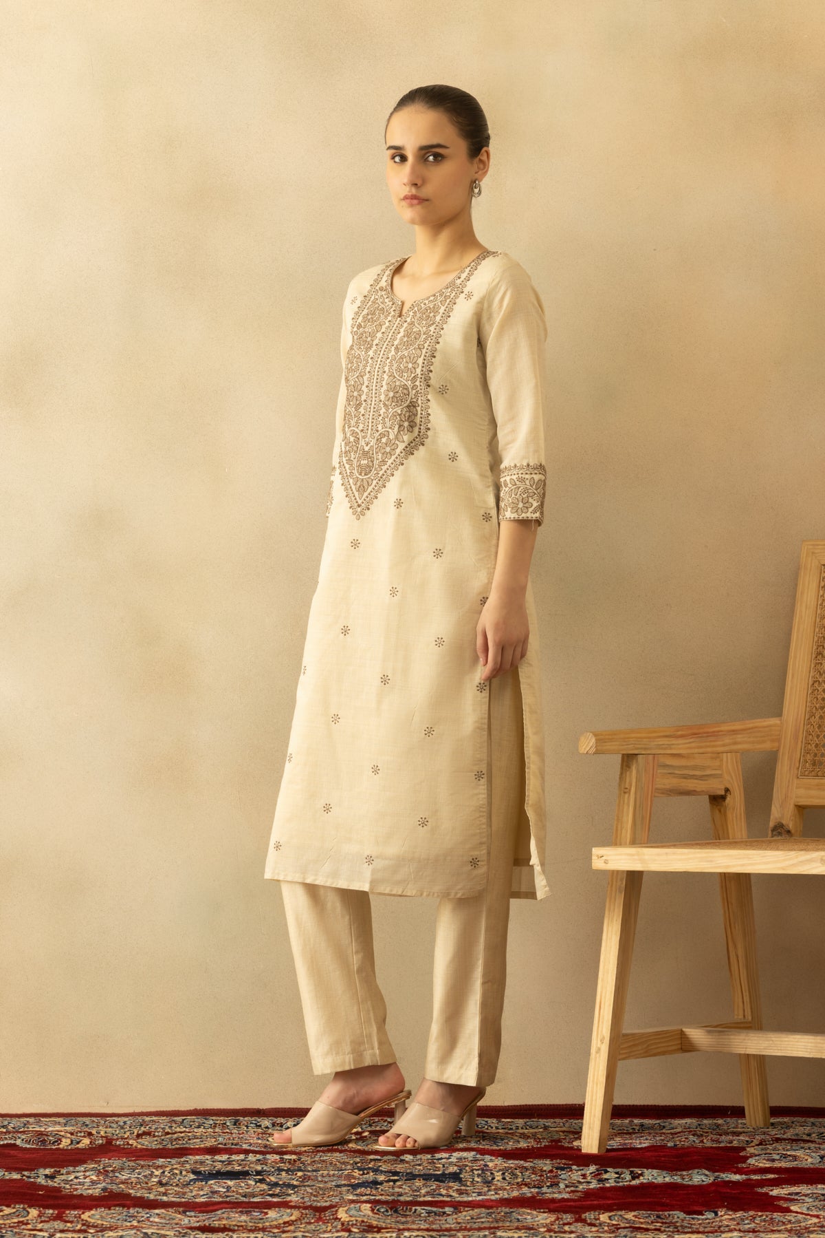 Beige Embroidered Kurta 3 Pcs Set