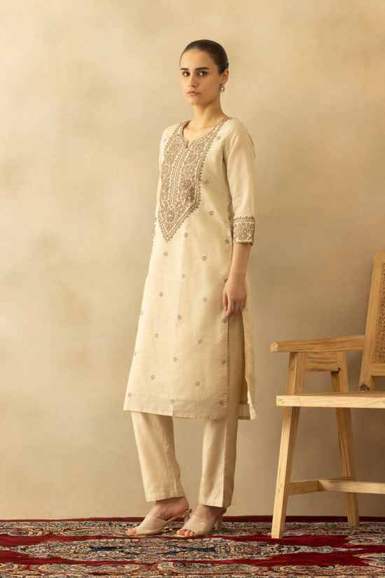 Beige Embroidered Kurta 3 Pcs Set