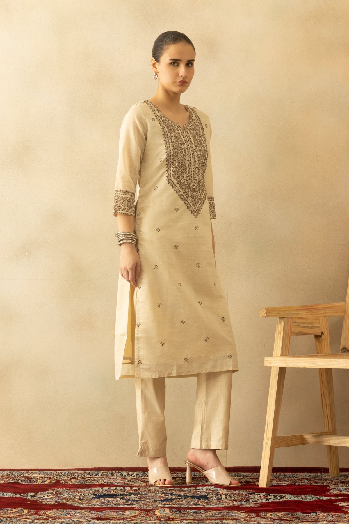 Beige Embroidered Kurta 3 Pcs Set
