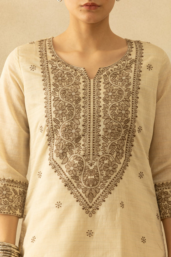 Beige Embroidered Kurta 3 Pcs Set