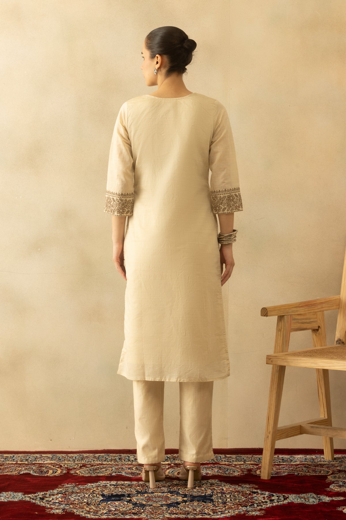 Beige Embroidered Kurta 3 Pcs Set
