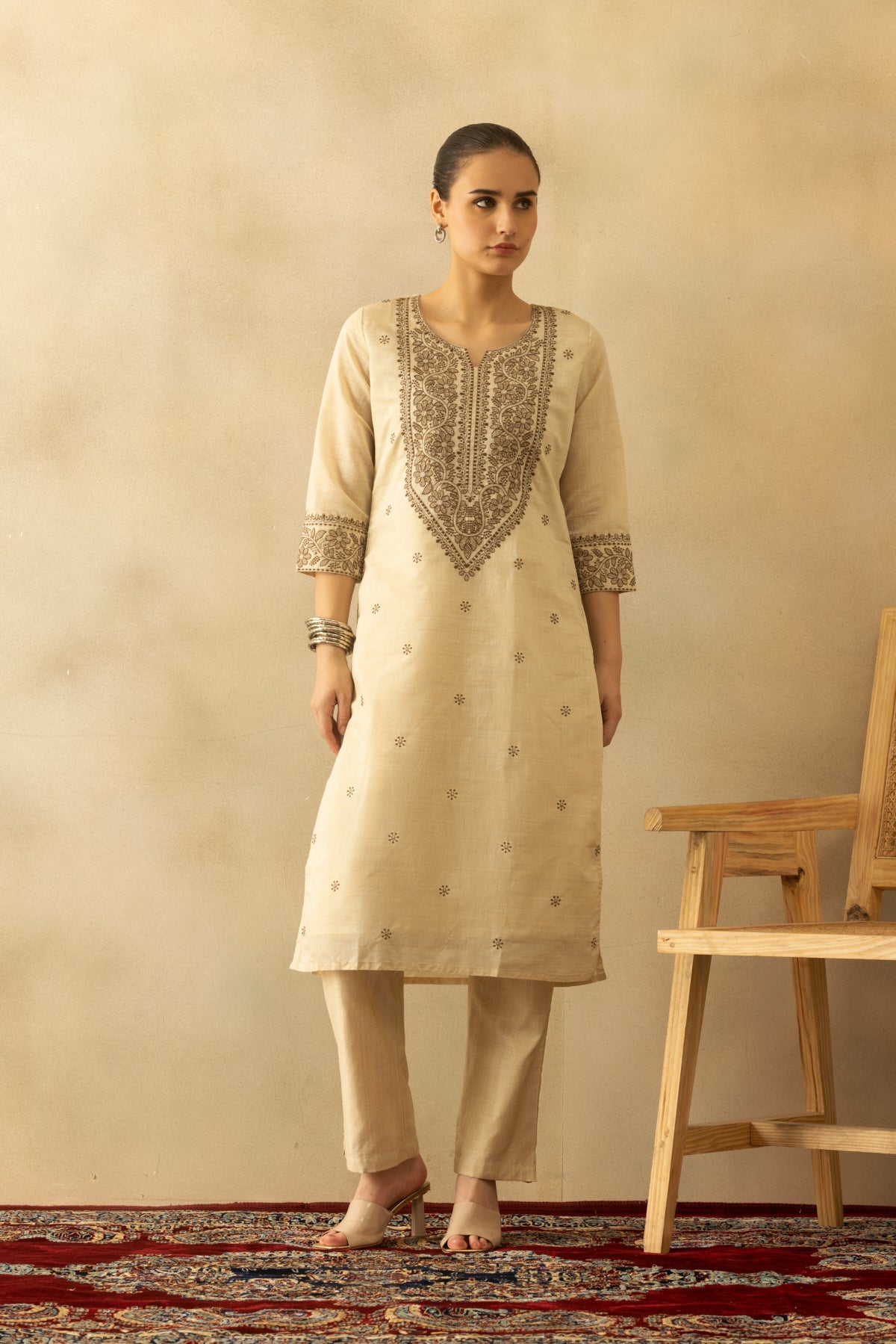 Beige Embroidered Kurta 3 Pcs Set