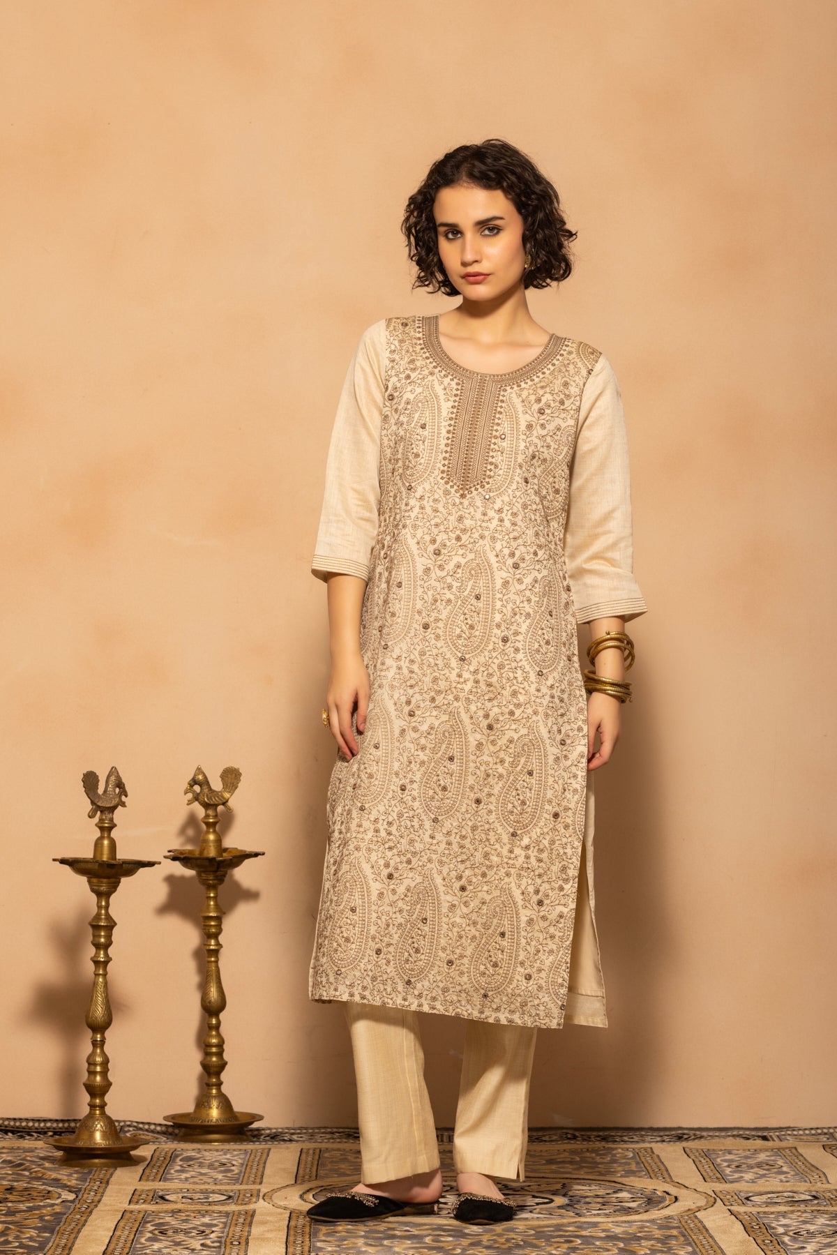Cream Embroidered Kurta 3 Pcs Set