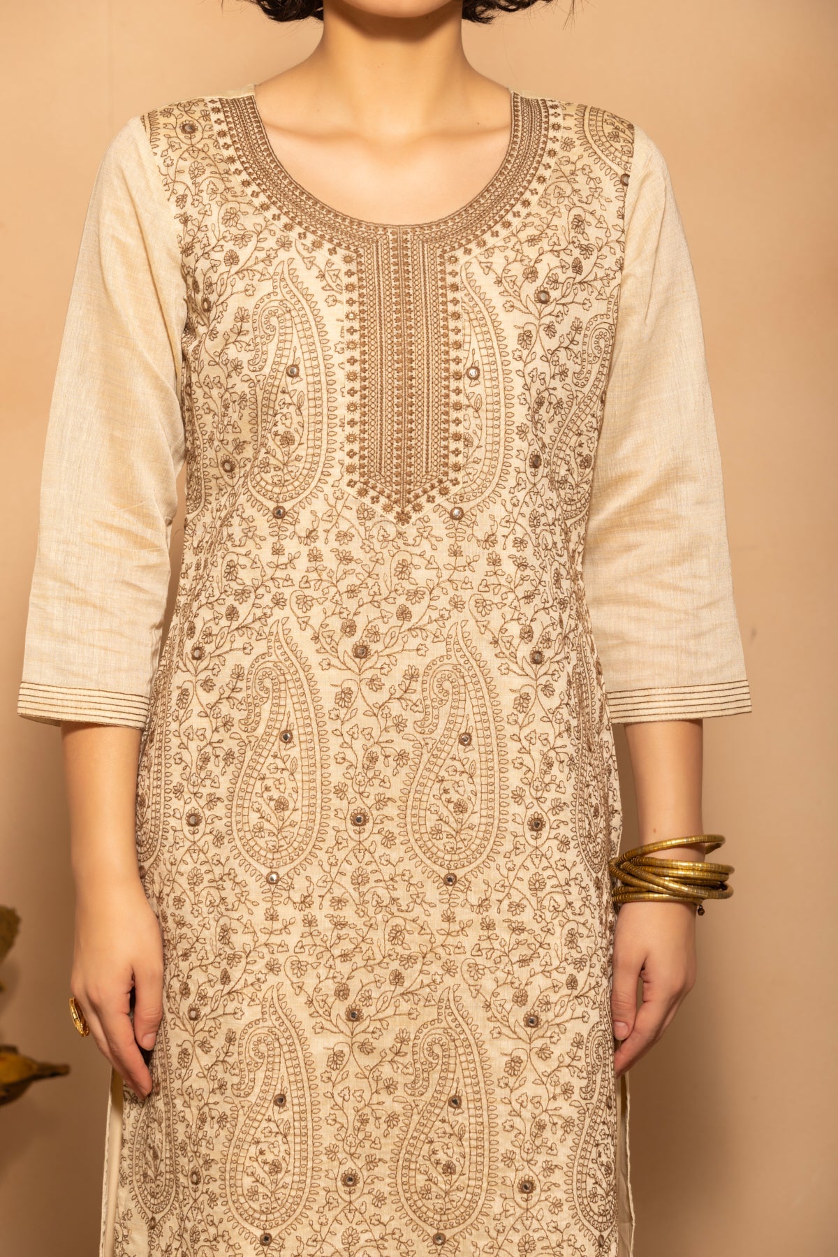 Cream Embroidered Kurta 3 Pcs Set