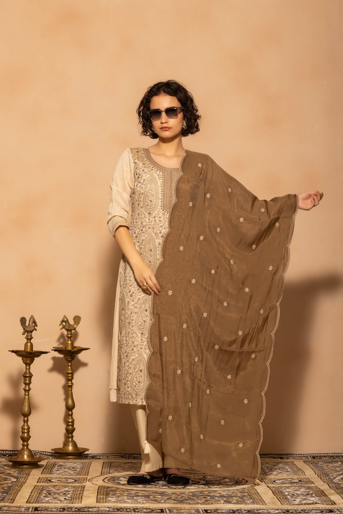 Cream Embroidered Kurta 3 Pcs Set