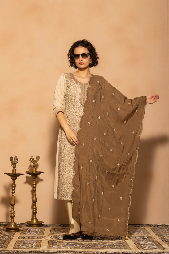 Cream Embroidered Kurta 3 Pcs Set