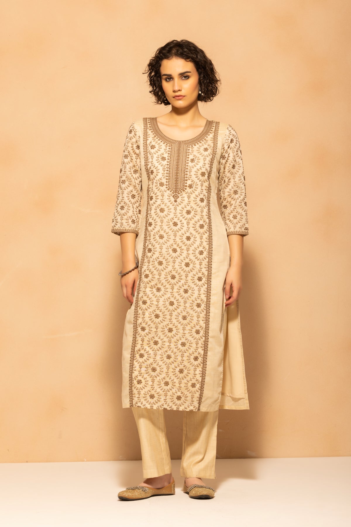 Beige Embroidered Kurta 3 Pcs Set