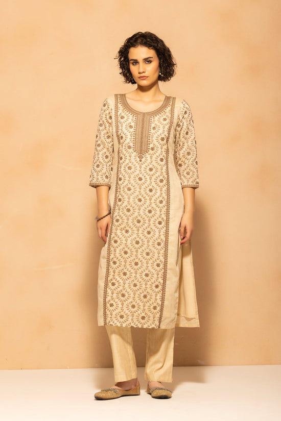 Beige Embroidered Kurta 3 Pcs Set