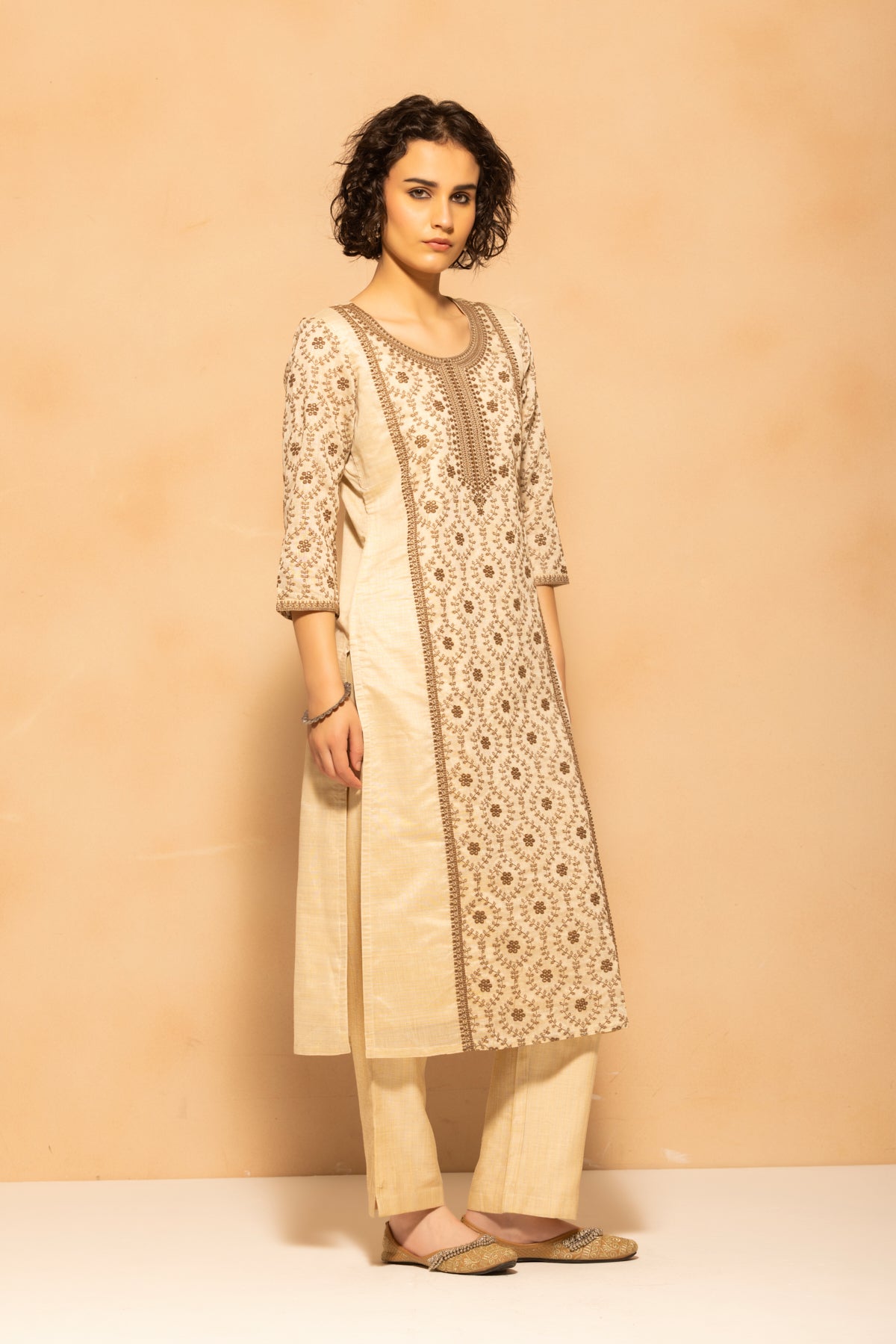Beige Embroidered Kurta 3 Pcs Set