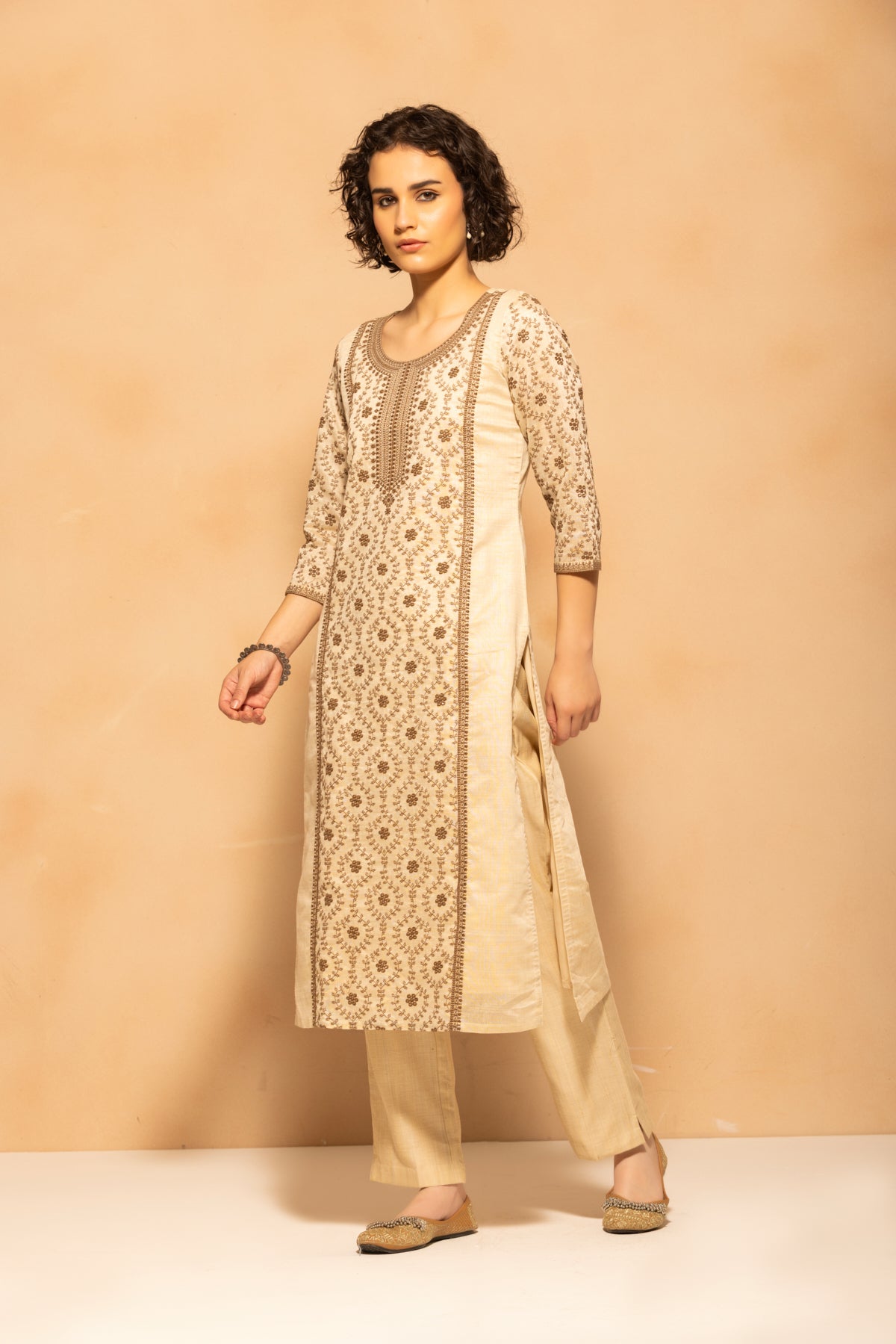 Beige Embroidered Kurta 3 Pcs Set