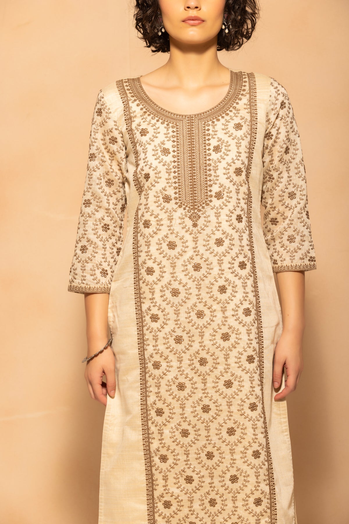 Beige Embroidered Kurta 3 Pcs Set