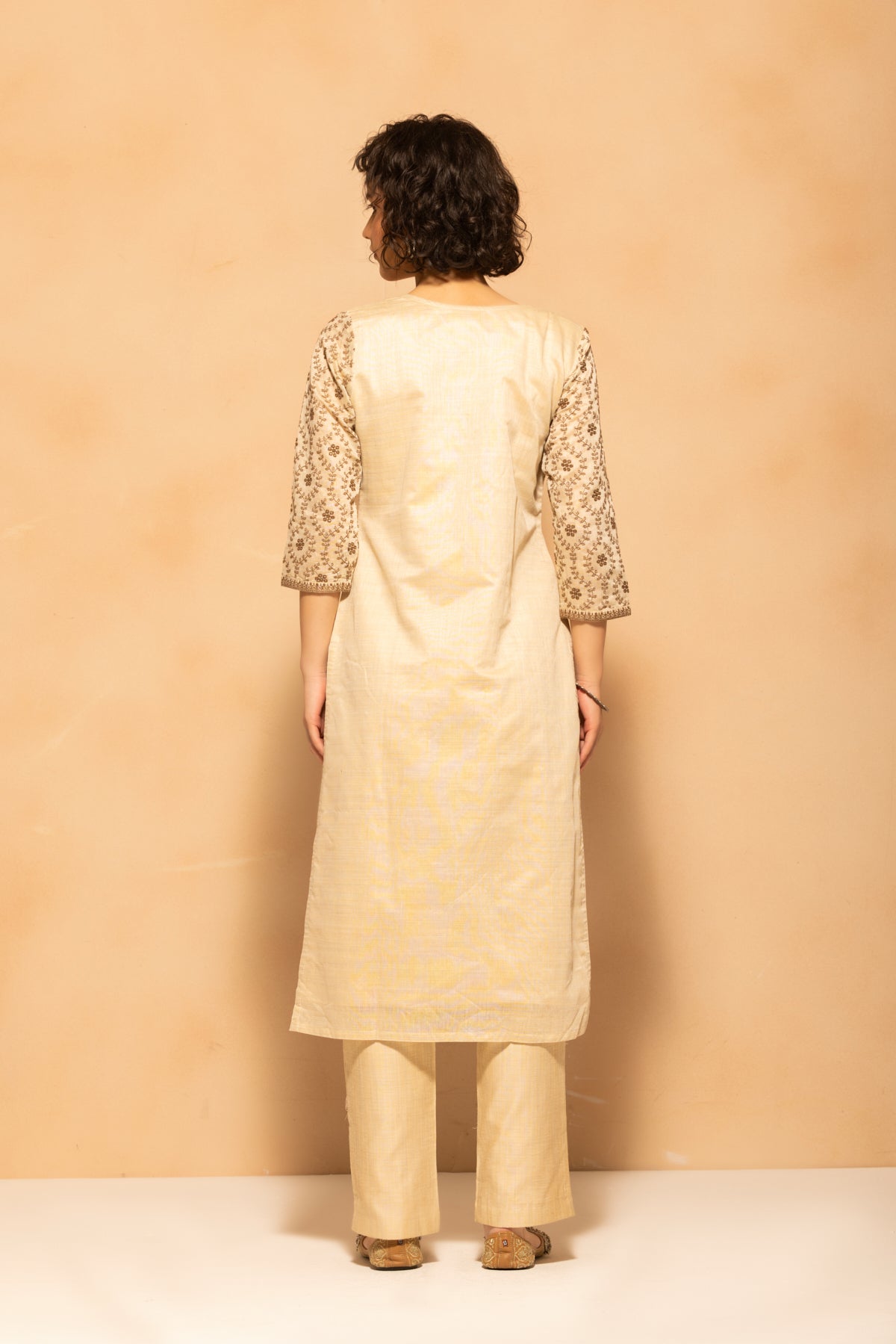 Beige Embroidered Kurta 3 Pcs Set