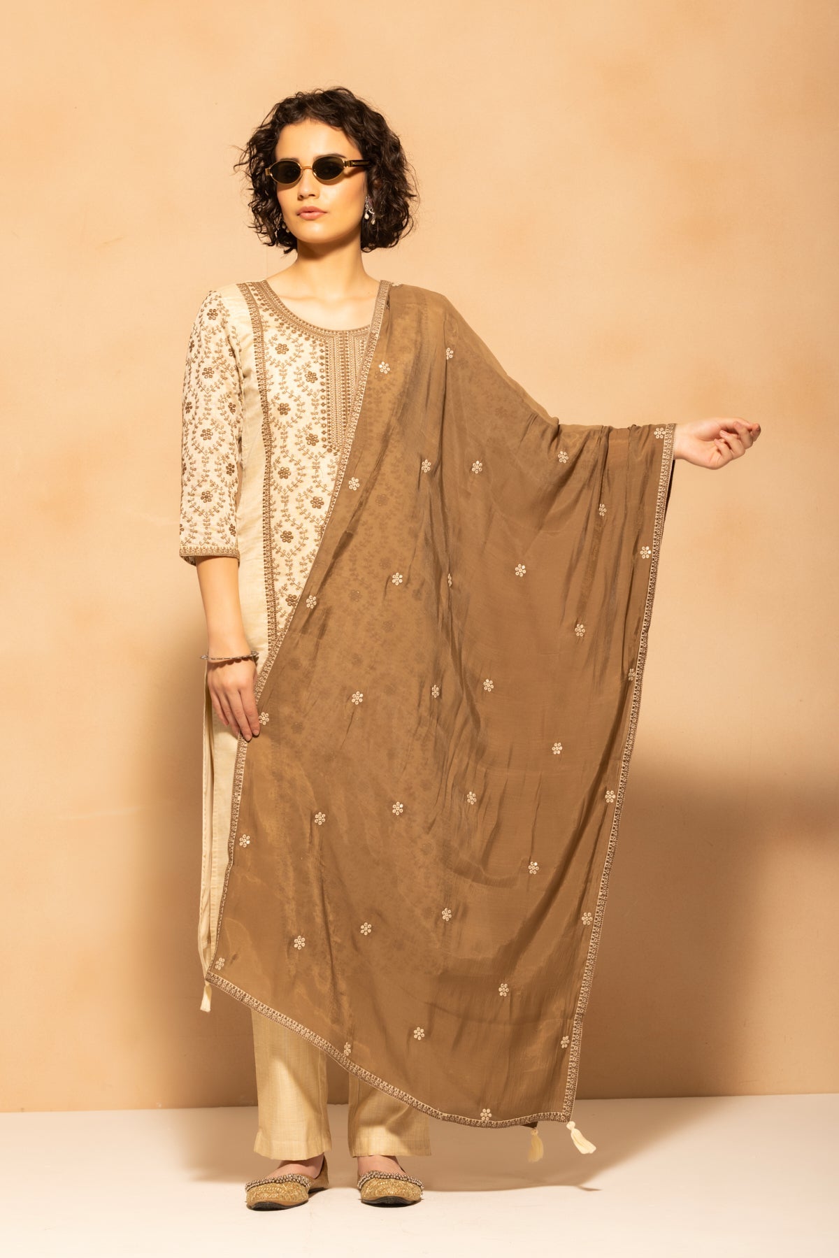 Beige Embroidered Kurta 3 Pcs Set