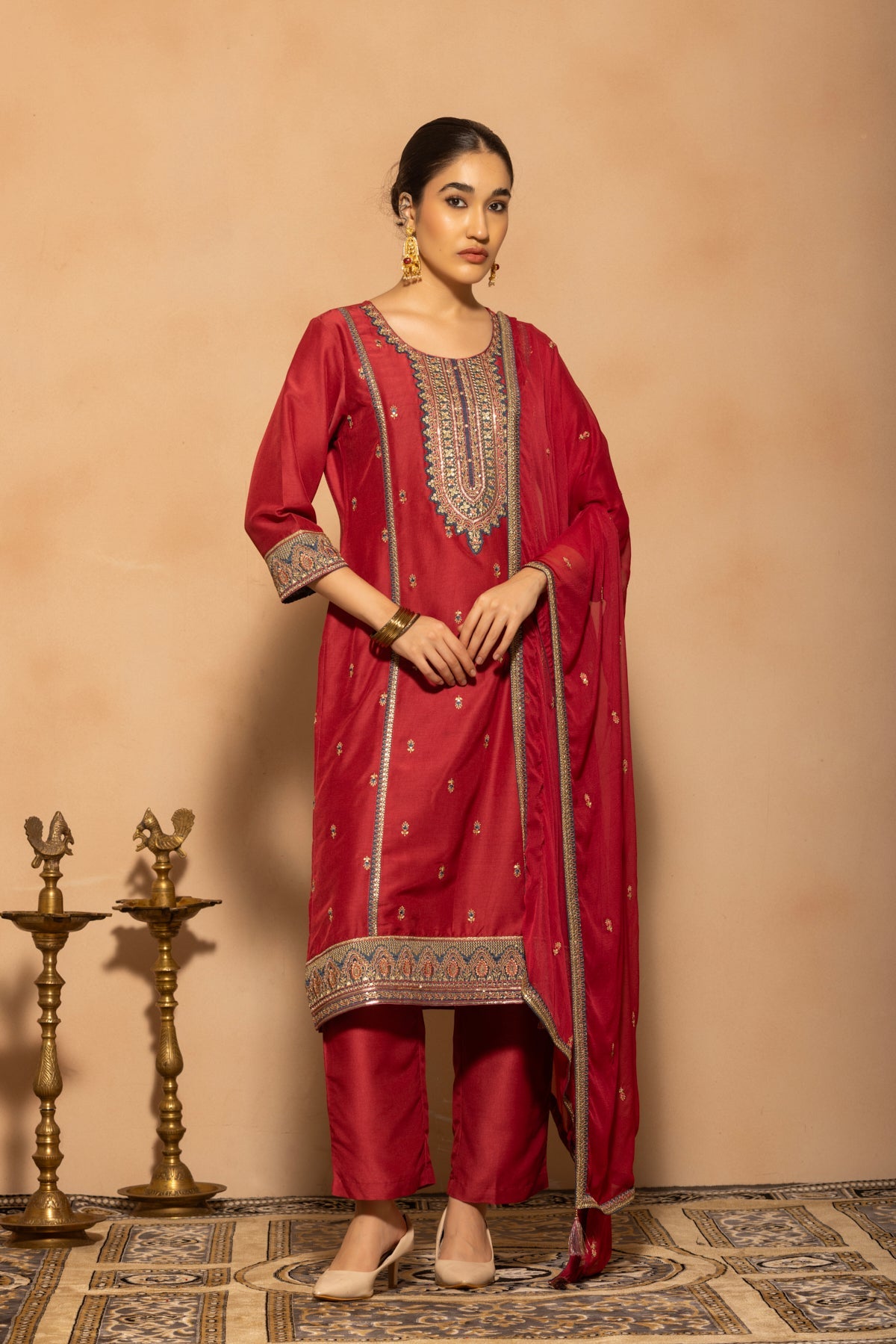 Maroon Embroidered Kurta 3 Pcs Set