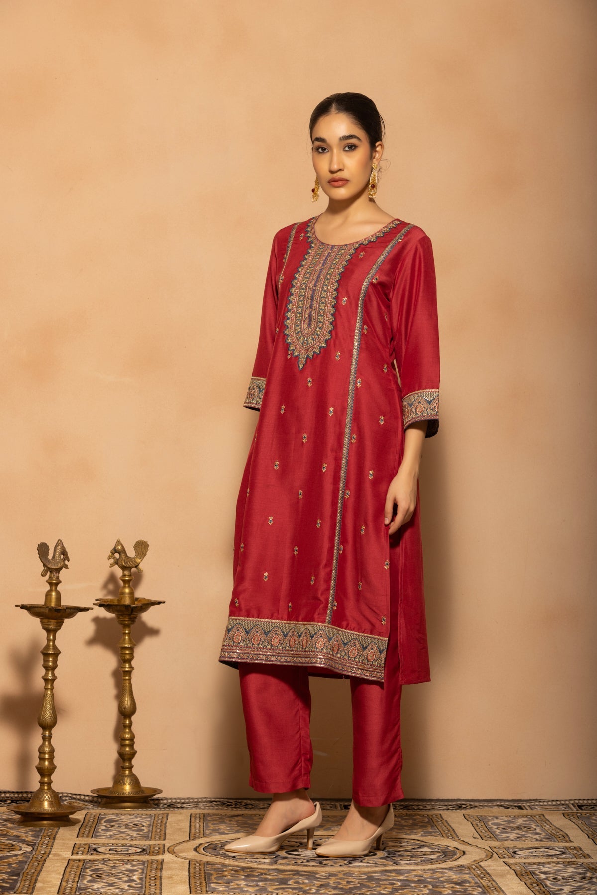 Maroon Embroidered Kurta 3 Pcs Set