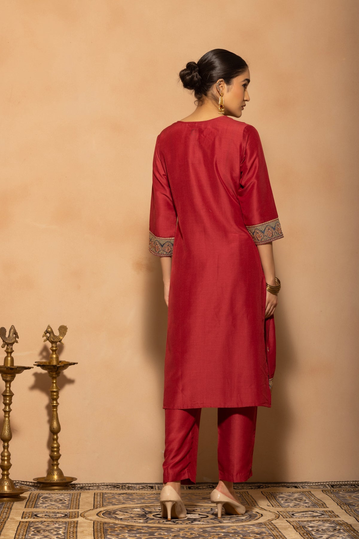 Maroon Embroidered Kurta 3 Pcs Set